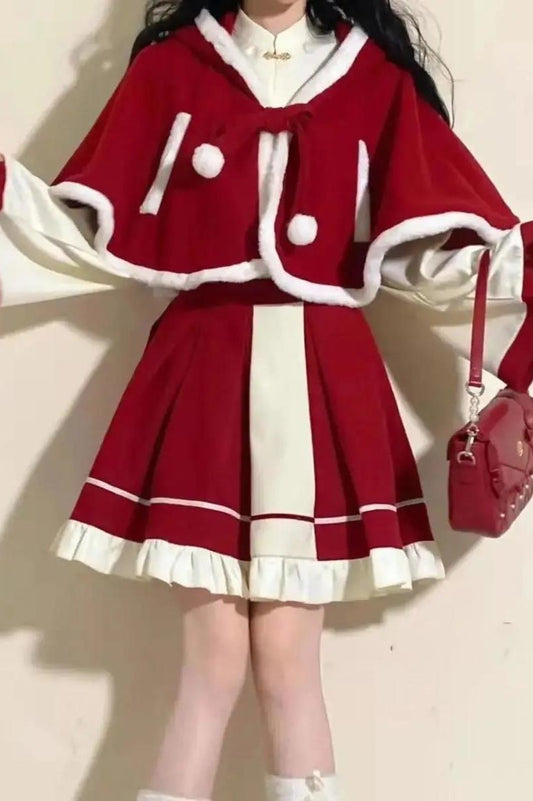 Chinese-style Blouse + Skirt + Cat Ears Hooded Cape Coat[christmas Eve Costume]