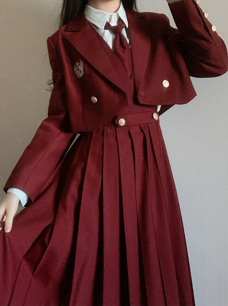 Emblem Short Jacket + Blouse With Embroidered Collar and Necktie + Bib Dress