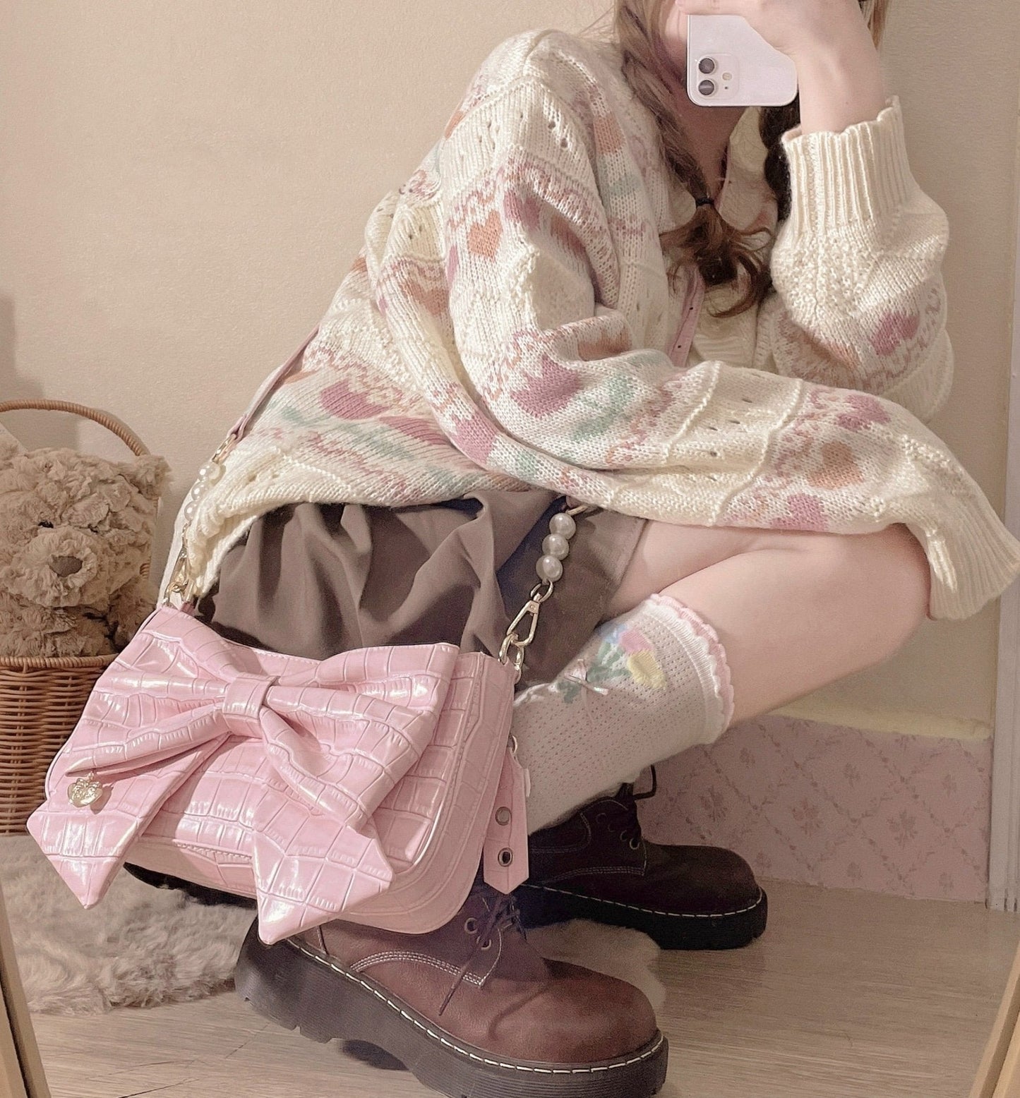 Heart Charm Bow Bag [short & Pearl Long Strap Included]