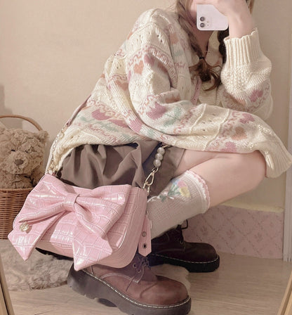 Heart Charm Bow Bag [short & Pearl Long Strap Included]