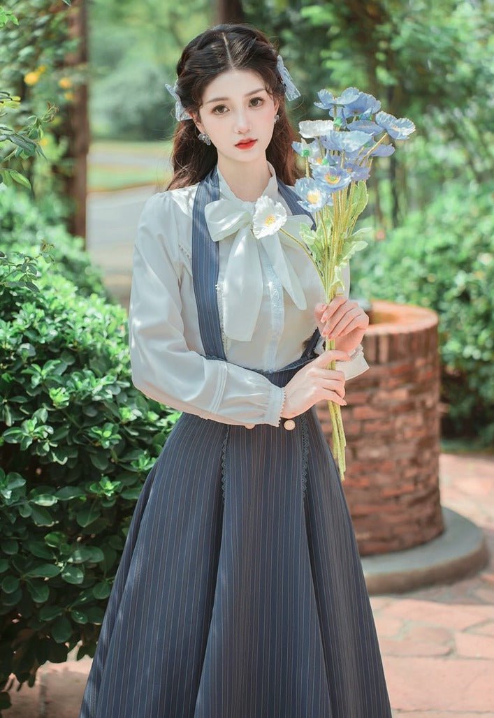 Lace Bow Tie Blouse + Halter Neck Back Lace Up Ruffle Skirt