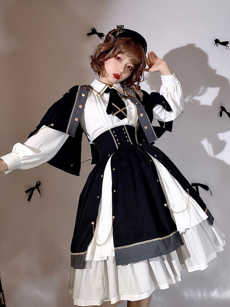 Military Style Cape Jacket + Ruffled Blouse With Tie + Waist Marked Split Layered Skirt