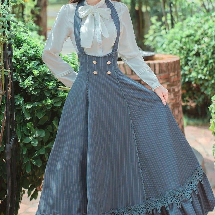 Lace Bow Tie Blouse + Halter Neck Back Lace Up Ruffle Skirt