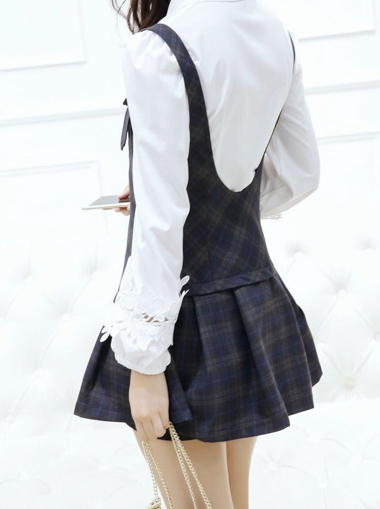 Bow Tie Shirt + Strap Plaid Jumper Skirt