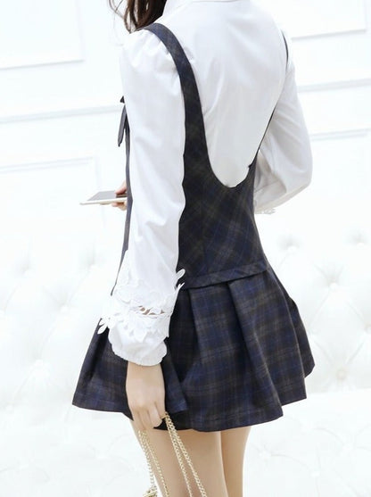 Bow Tie Shirt + Strap Plaid Jumper Skirt