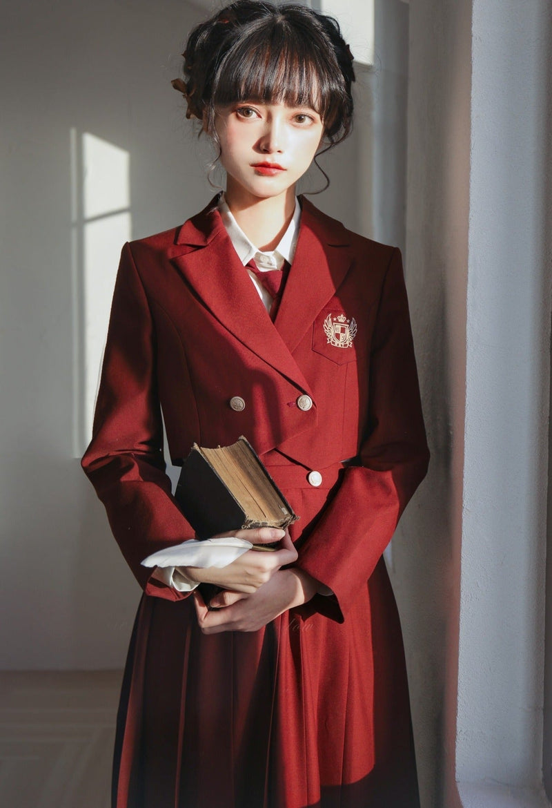 Emblem Short Jacket + Blouse With Embroidered Collar and Necktie + Bib Dress
