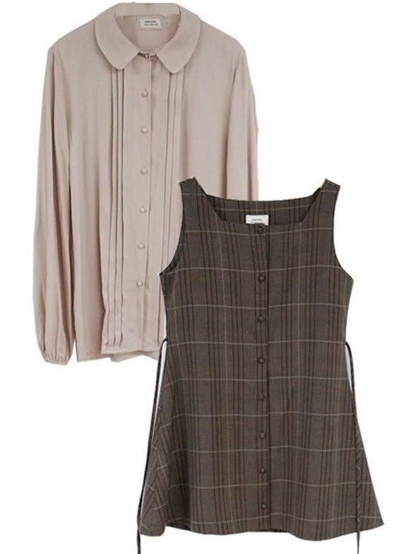 Pleated Shirt + Plaid Jumper Skirt