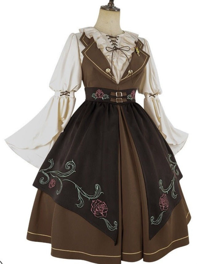 Lace-up Ruffle Blouse + Gold Line Dress With Brooch + Rose Embroidery Split Skirt