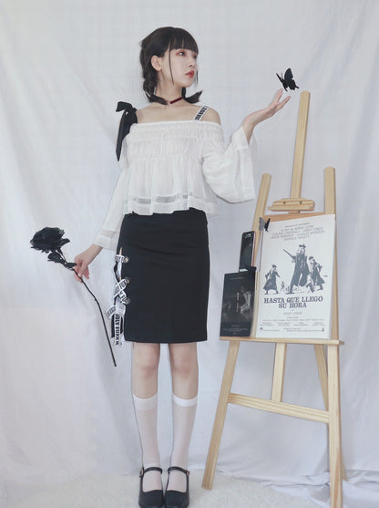 Off Shoulder Logo & Bow Gathered Top + Logo Lace Up Skirt