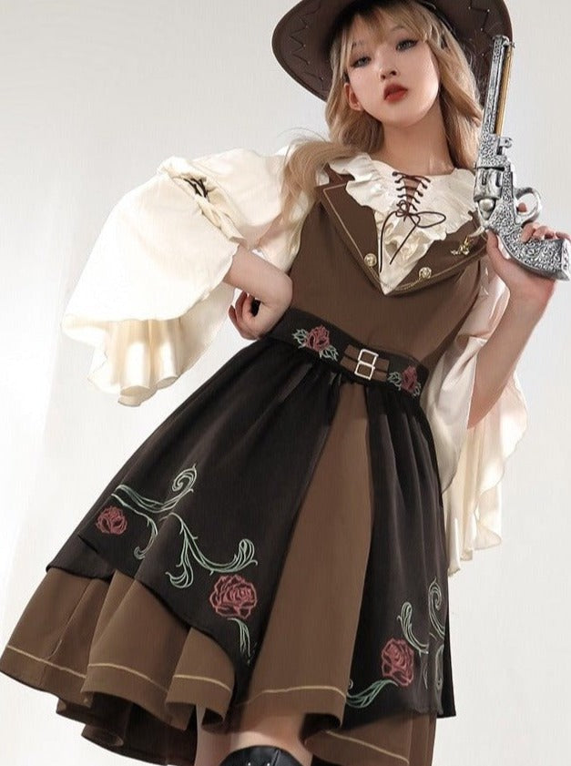 Lace-up Ruffle Blouse + Gold Line Dress With Brooch + Rose Embroidery Split Skirt
