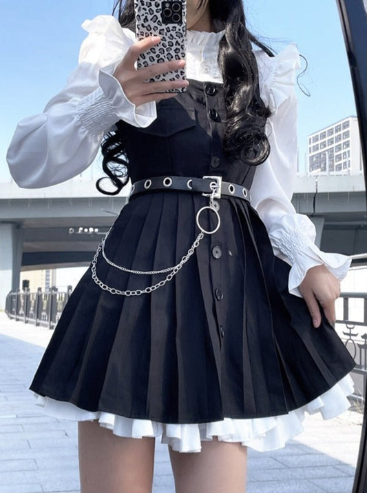 Ruffle Shirt + Bib Dress With Belt + Inner Slip