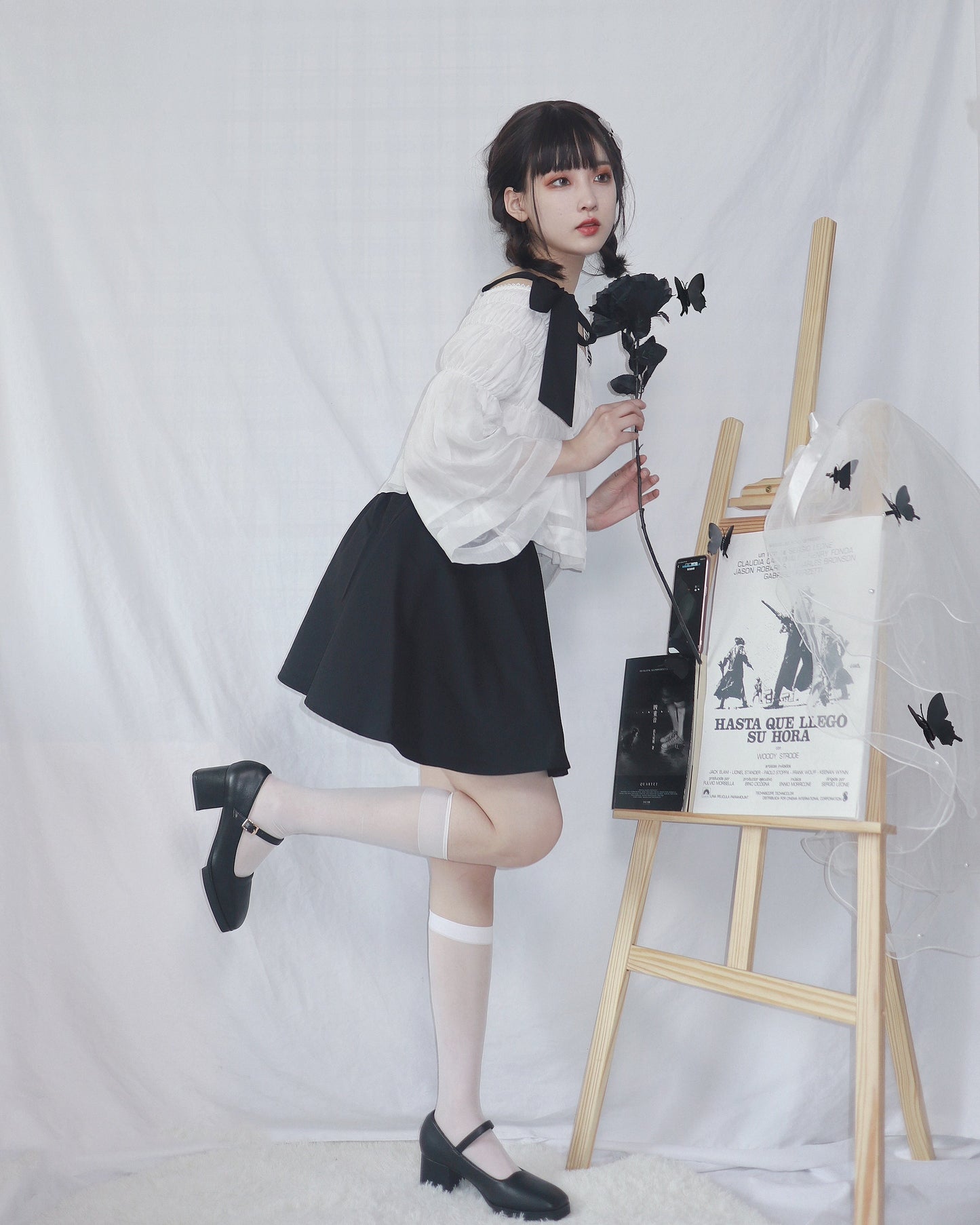 Off Shoulder Logo & Bow Gathered Top + Logo Lace Up Skirt