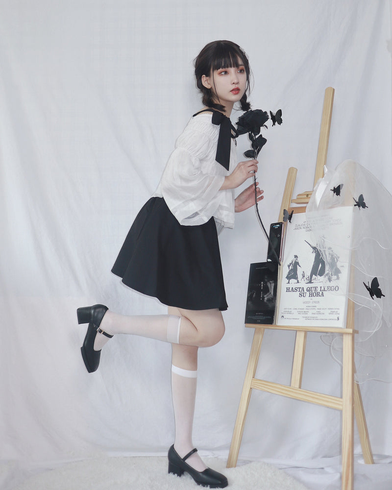 Off Shoulder Logo & Bow Gathered Top + Logo Lace Up Skirt