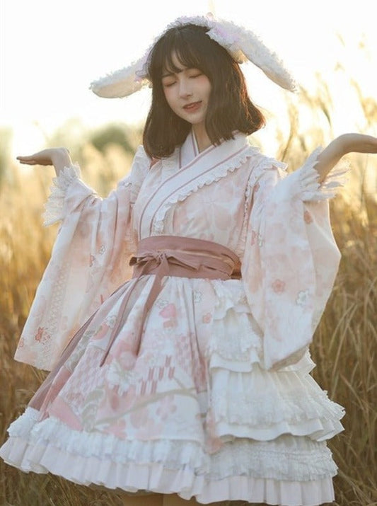 Japanese Cherry Blossom Tiered Dress With Obi Belt