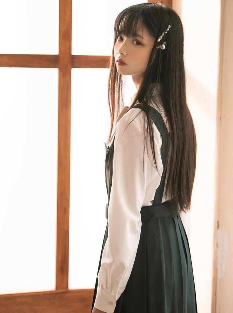 Short Jacket + Ribbon Blouse + Belted Jumper Skirt / Short Jacket + Ribbon Blouse + Suspender Dress