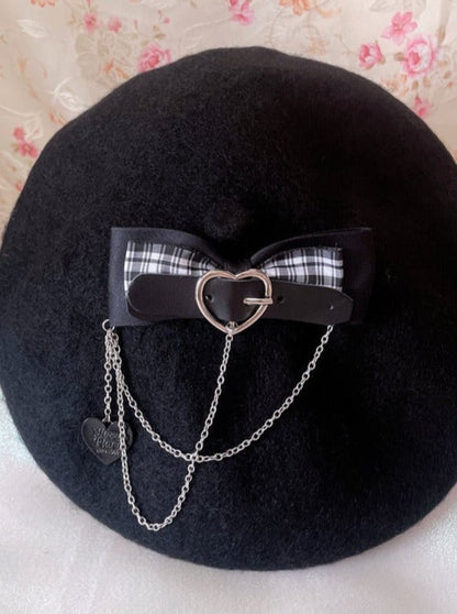 Heart Ring Chain Strap Beret With Bow