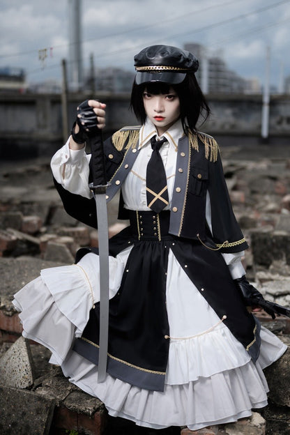Military Style Cape Jacket + Ruffled Blouse With Tie + Waist Marked Split Layered Skirt