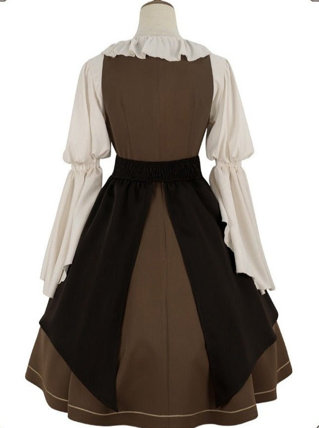 Lace-up Ruffle Blouse + Gold Line Dress With Brooch + Rose Embroidery Split Skirt