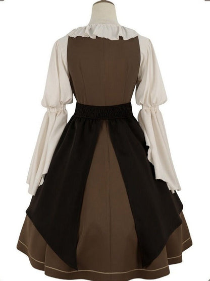 Lace-up Ruffle Blouse + Gold Line Dress With Brooch + Rose Embroidery Split Skirt