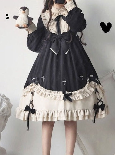 Ruffle Stand Collar Cross Bow Dress