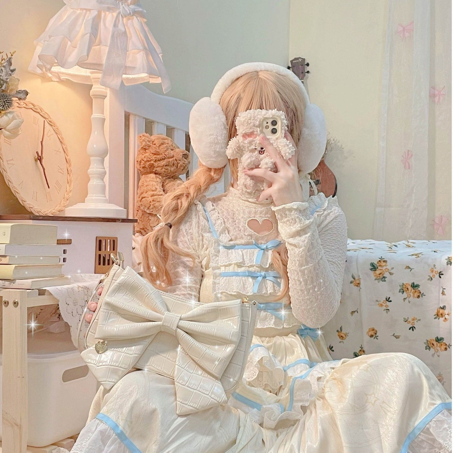 Heart Charm Bow Bag [short & Pearl Long Strap Included]