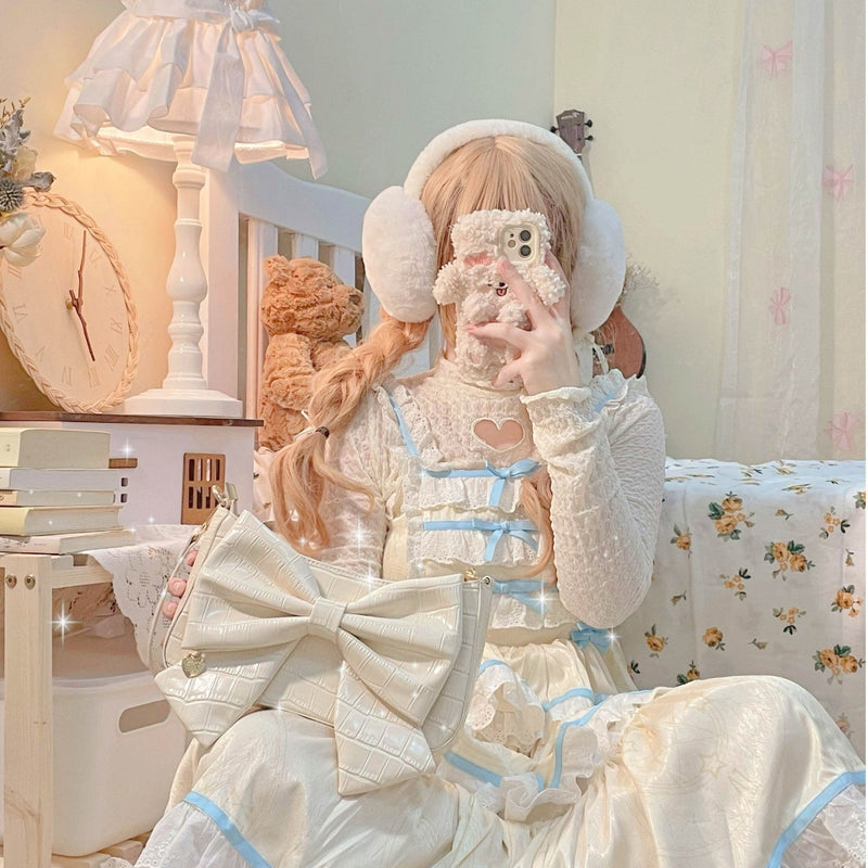 Heart Charm Bow Bag [short & Pearl Long Strap Included]