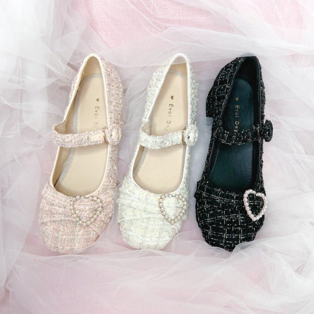 Tweed Pearl Decoration One Strap Girly Shoes