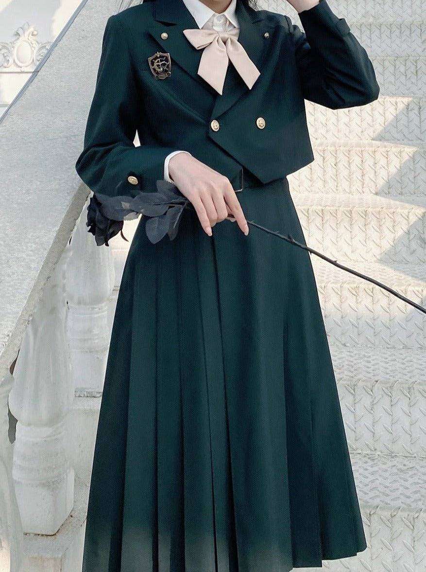Short Jacket + Ribbon Blouse + Belted Jumper Skirt / Short Jacket + Ribbon Blouse + Suspender Dress
