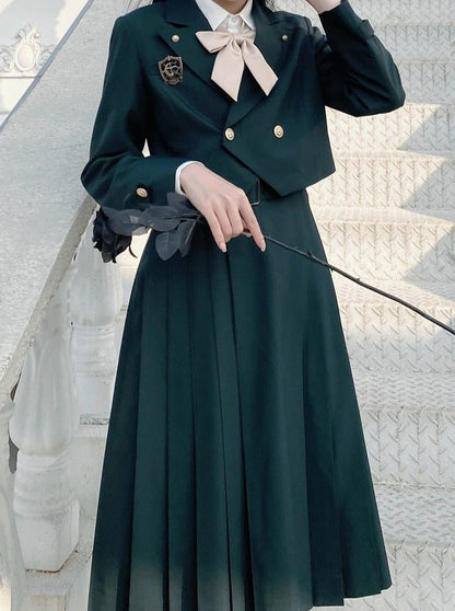Short Jacket + Ribbon Blouse + Belted Jumper Skirt / Short Jacket + Ribbon Blouse + Suspender Dress
