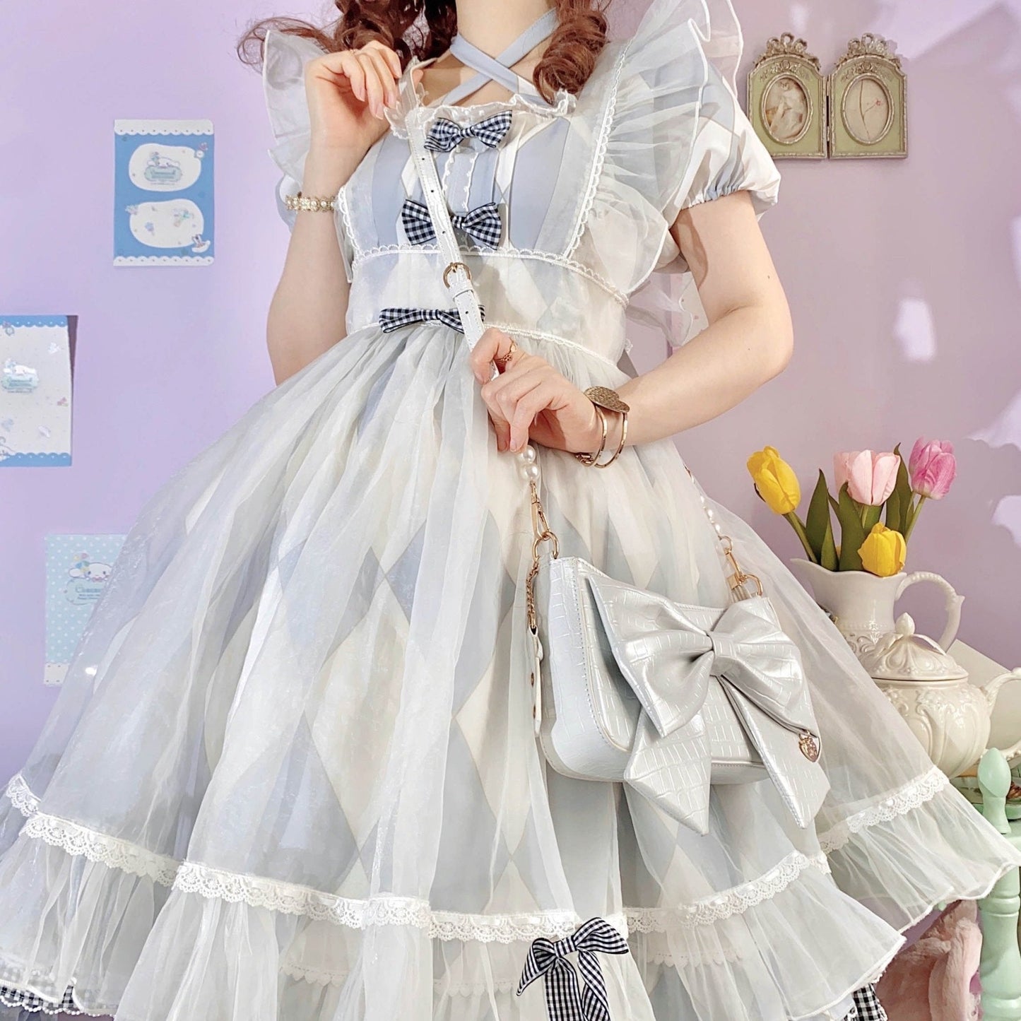 Heart Charm Bow Bag [short & Pearl Long Strap Included]