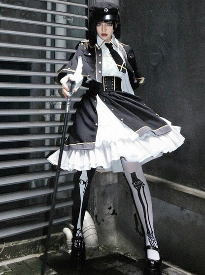 Military Style Cape Jacket + Ruffled Blouse With Tie + Waist Marked Split Layered Skirt