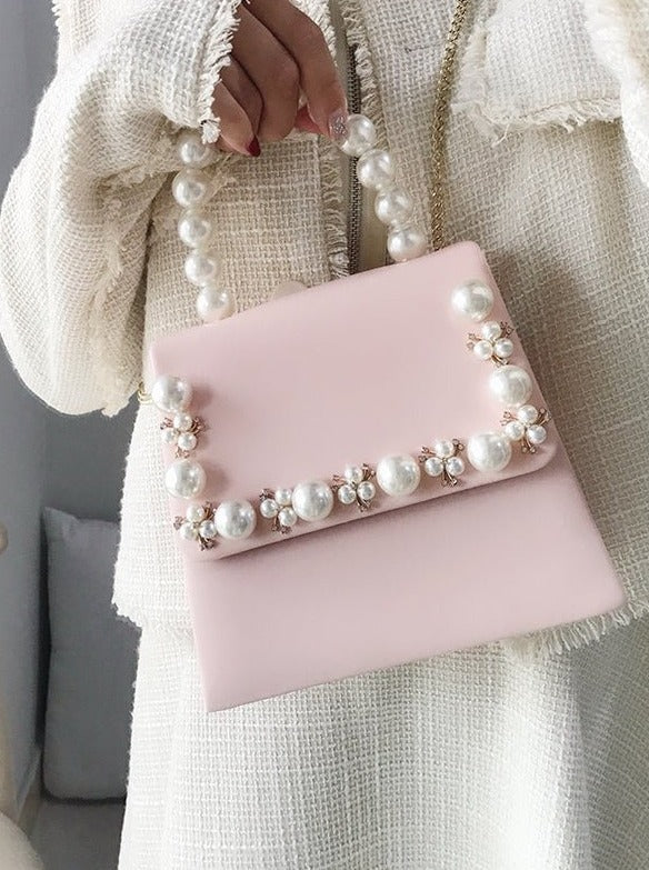 Pearl Deco Flap Bag With Chain Strap
