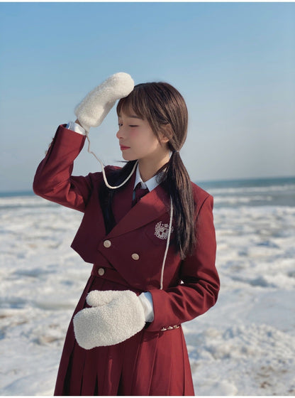 Emblem Short Jacket + Blouse With Embroidered Collar and Necktie + Bib Dress