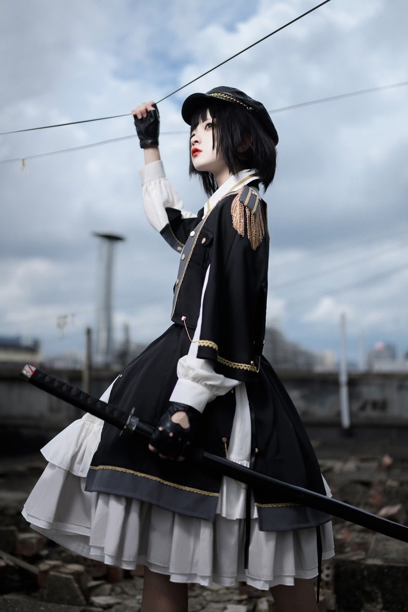 Military Style Cape Jacket + Ruffled Blouse With Tie + Waist Marked Split Layered Skirt