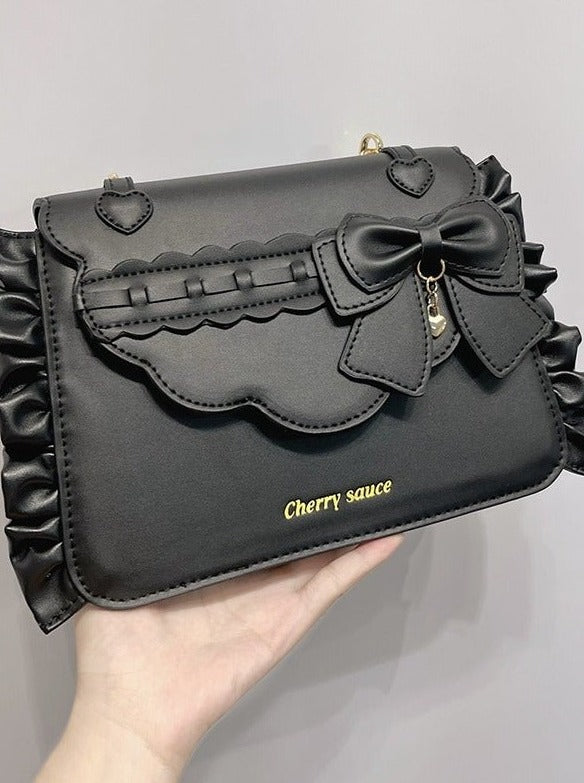 Side Ruffle Heart Ribbon Flap Bag
