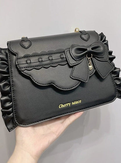 Side Ruffle Heart Ribbon Flap Bag