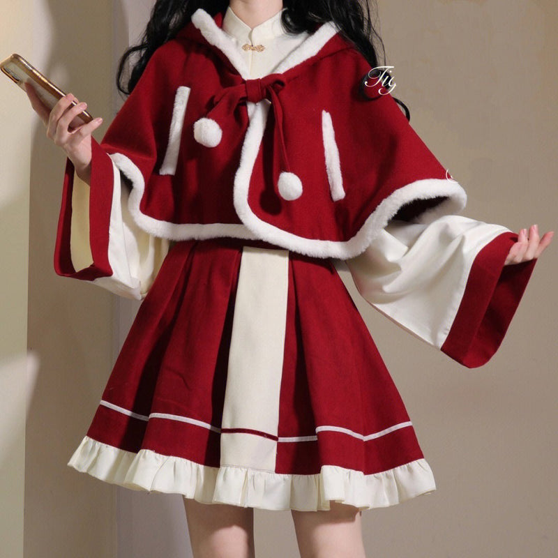 Chinese-style Blouse + Skirt + Cat Ears Hooded Cape Coat[christmas Eve Costume]