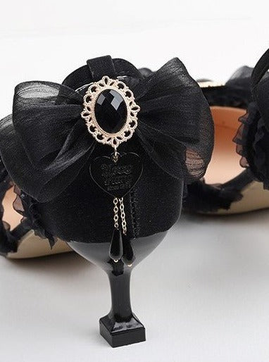 Pearl Strap Chiffon Lace Design Pumps