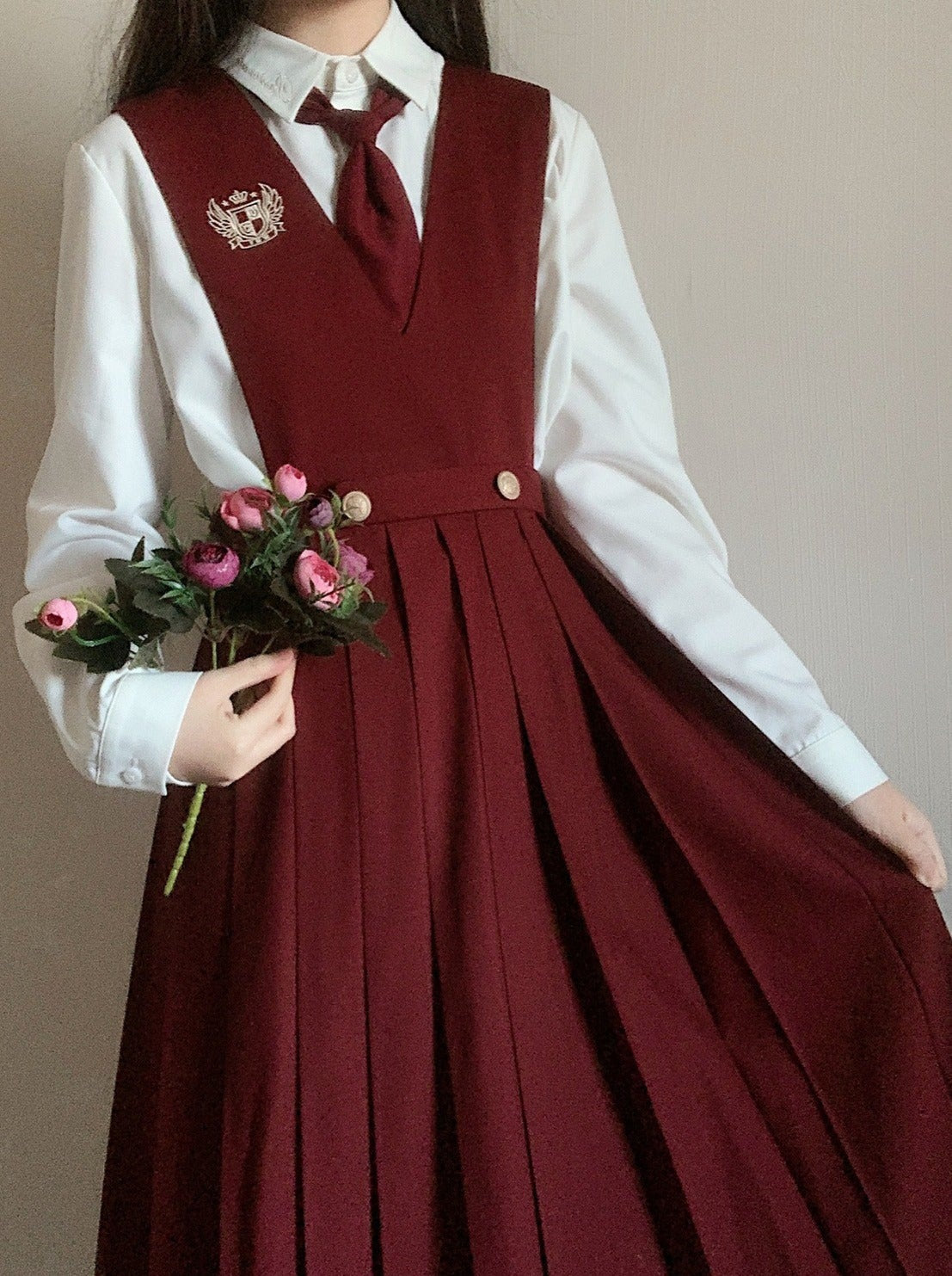 Emblem Short Jacket + Blouse With Embroidered Collar and Necktie + Bib Dress
