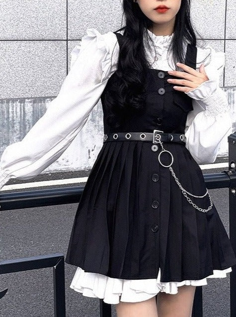Ruffle Shirt + Bib Dress With Belt + Inner Slip
