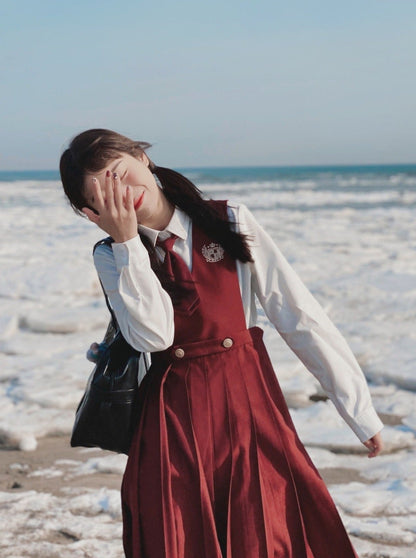 Emblem Short Jacket + Blouse With Embroidered Collar and Necktie + Bib Dress