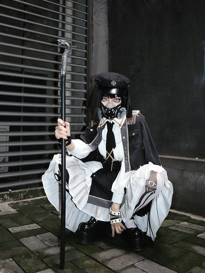 Military Style Cape Jacket + Ruffled Blouse With Tie + Waist Marked Split Layered Skirt