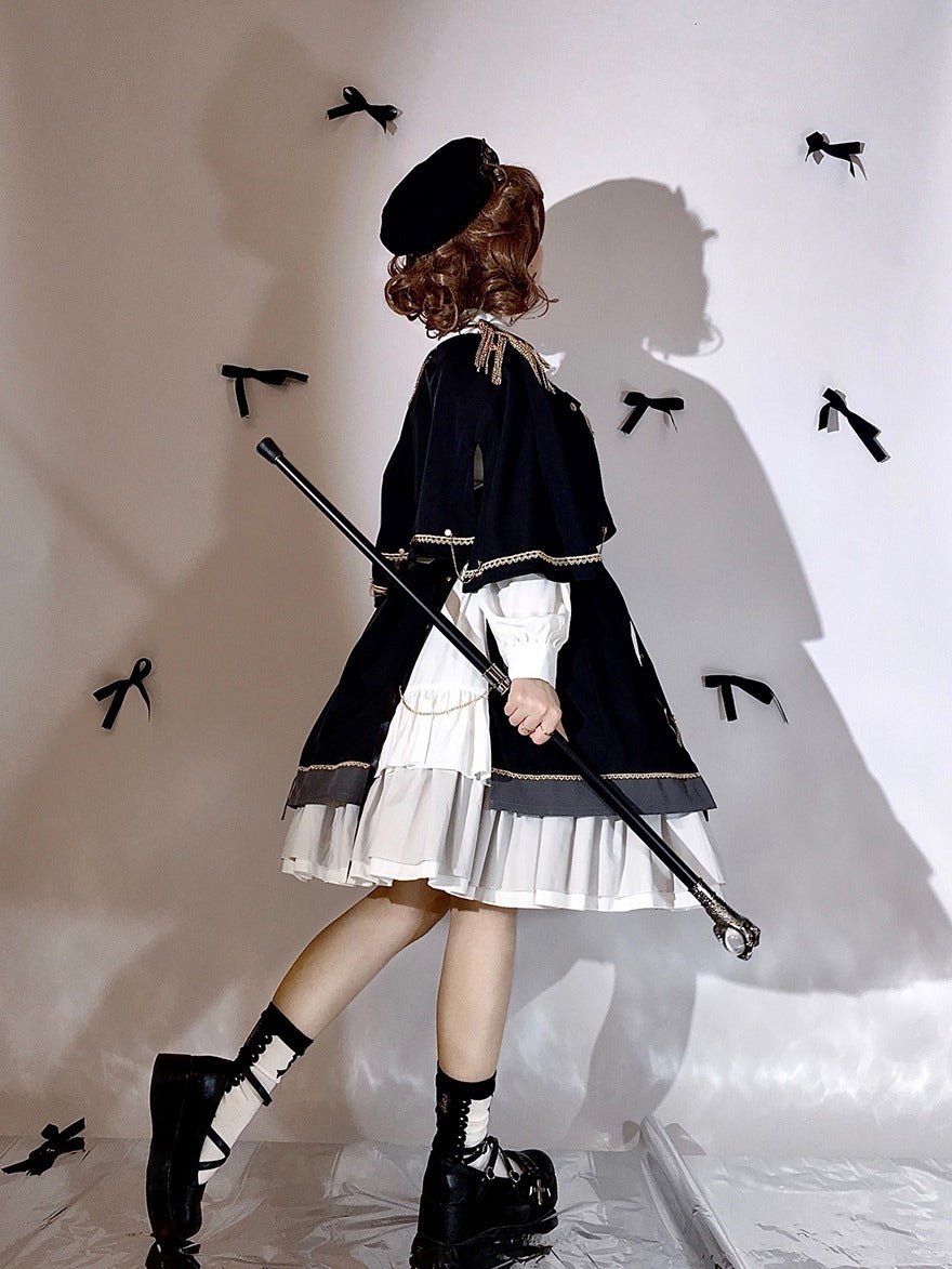 Military Style Cape Jacket + Ruffled Blouse With Tie + Waist Marked Split Layered Skirt