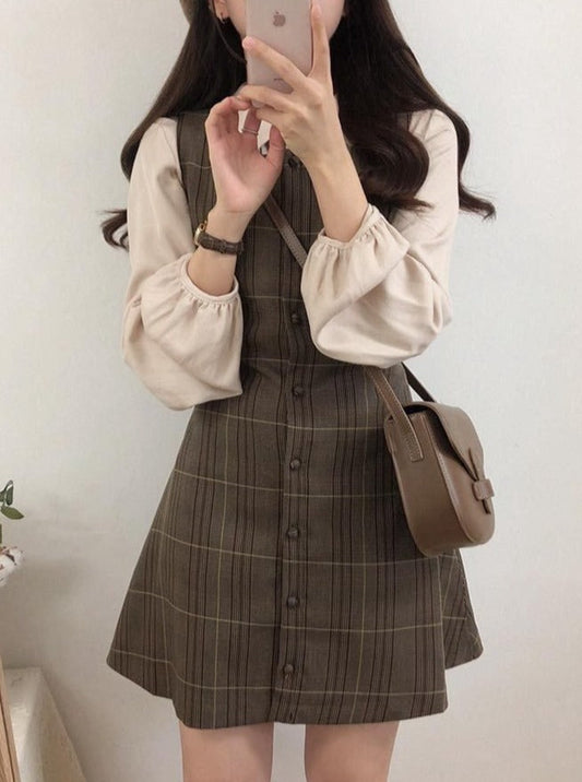 Pleated Shirt + Plaid Jumper Skirt