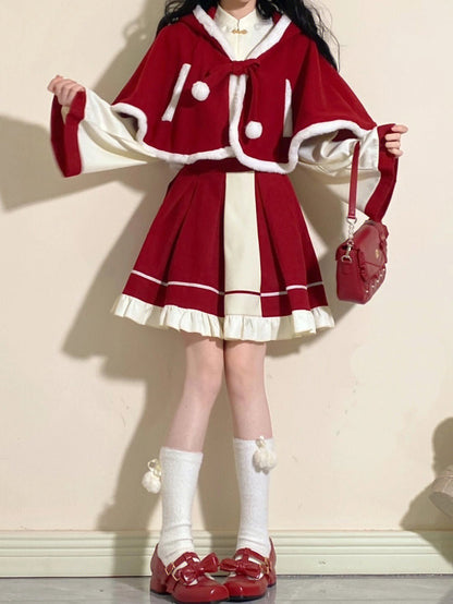 Chinese-style Blouse + Skirt + Cat Ears Hooded Cape Coat[christmas Eve Costume]