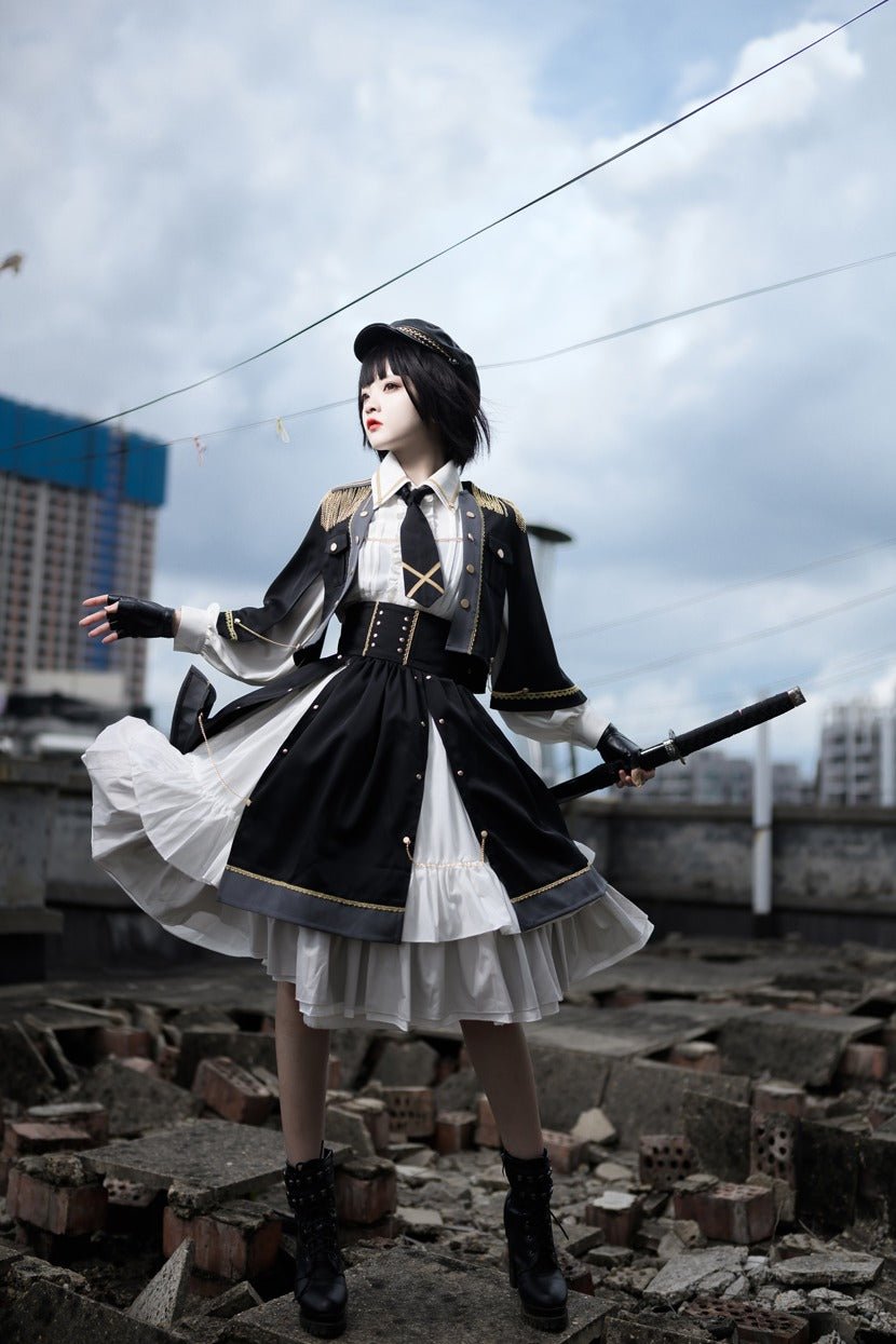 Military Style Cape Jacket + Ruffled Blouse With Tie + Waist Marked Split Layered Skirt