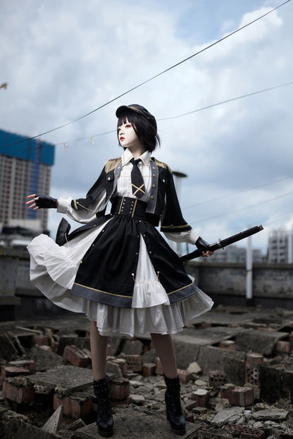 Military Style Cape Jacket + Ruffled Blouse With Tie + Waist Marked Split Layered Skirt