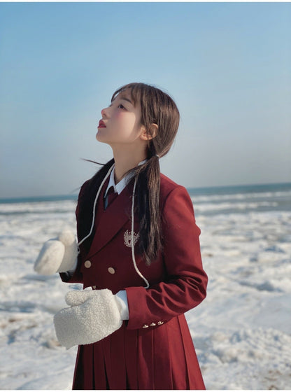 Emblem Short Jacket + Blouse With Embroidered Collar and Necktie + Bib Dress