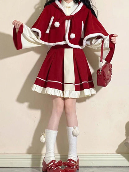 Chinese-style Blouse + Skirt + Cat Ears Hooded Cape Coat[christmas Eve Costume]
