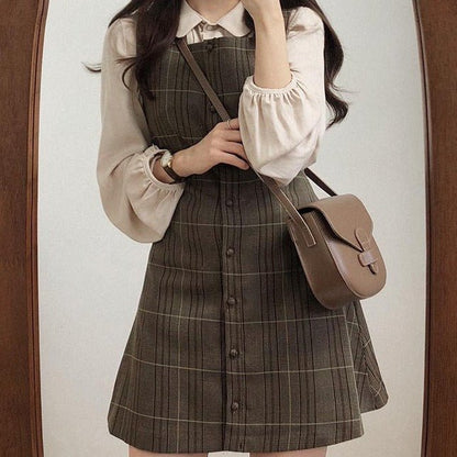 Plaid Retro Jumper Skirt With Square Neckline